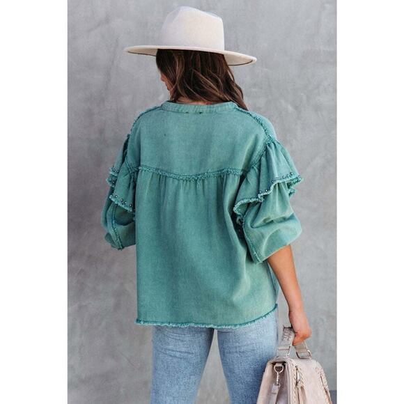 Vici Collection Green Stuffed Ruffle Shoulder Oversized Shacket Jacket Womens M - Picture 2 of 11